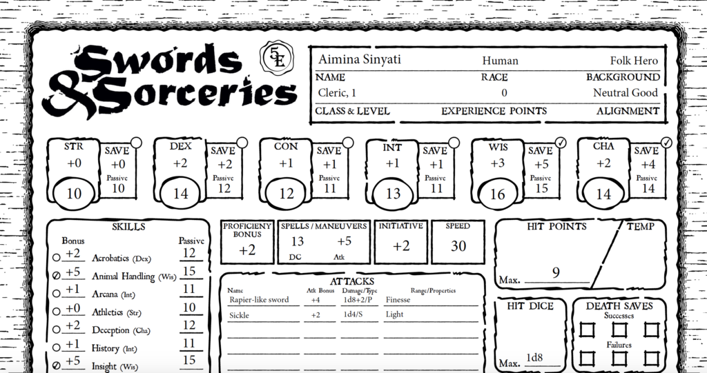 Aimina's 1st-level character sheet