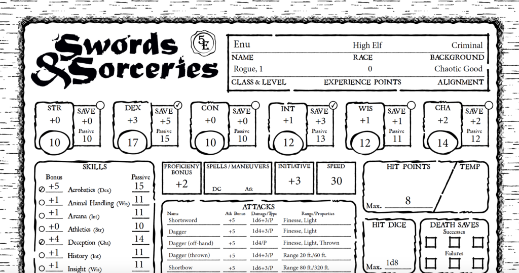 Enu's 1st-level character sheet