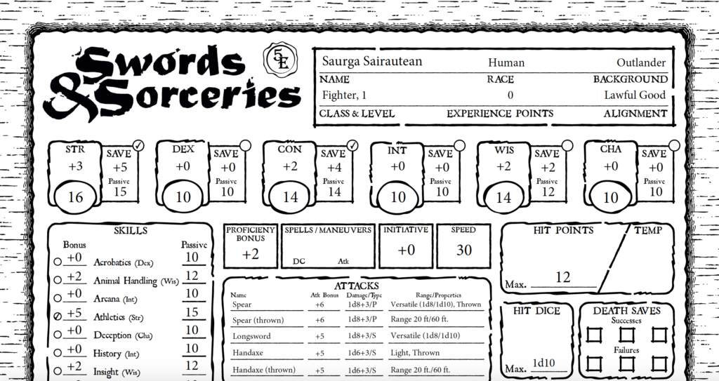 Saurga's 1st-level character sheet