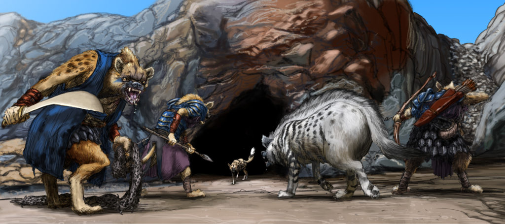 Gnolls and a giant hyena hunt a "Not-Here" in "The Song of the Sun Queens."